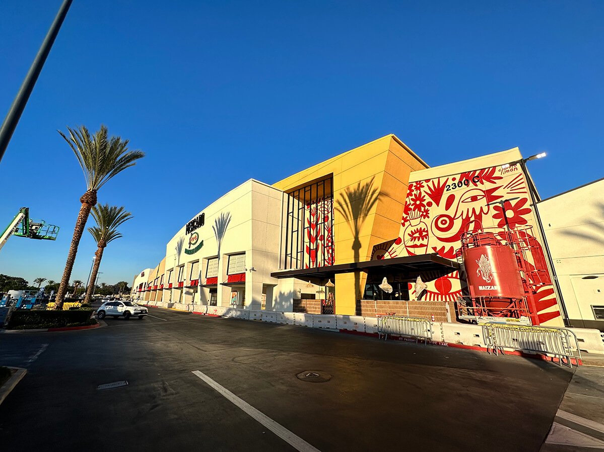 Shopping center facade with mural